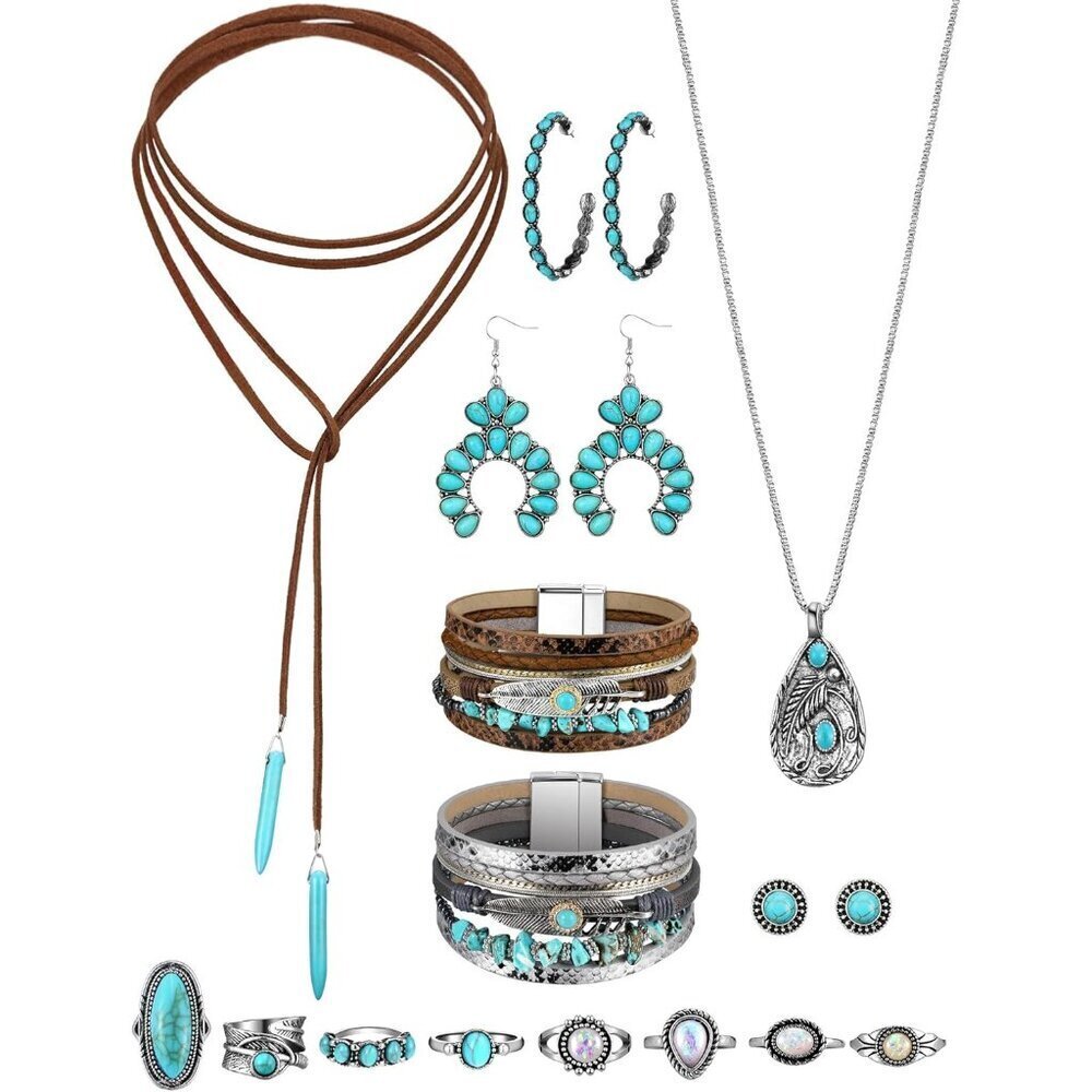 15 pcs Women's Jewelry Set Turquoise Necklace Earrings Bracelets Rings